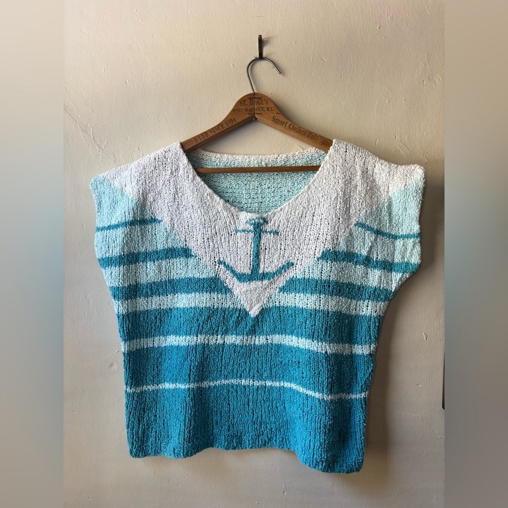 Vintage Hand Crochet Nautical Striped Blue and White Knit Top with Anchor Design